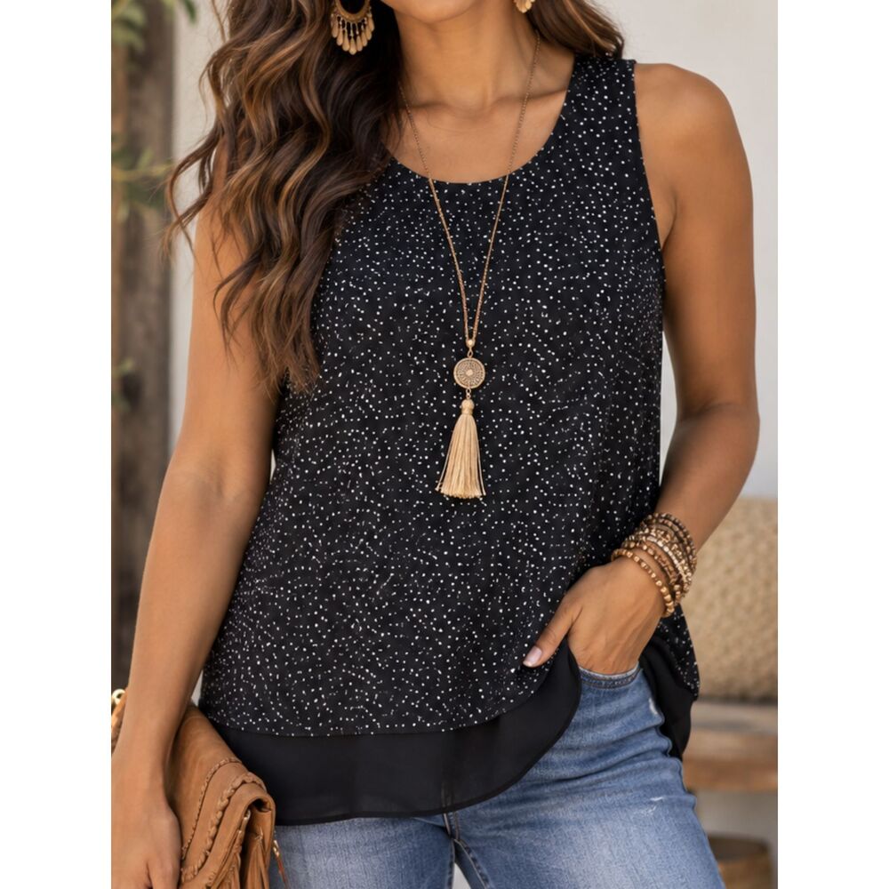 Dalia XS Black White Dot Sleeveless Layered Chiffon Tank Blouse Career Top